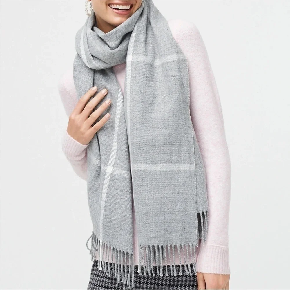 J. Crew Classic Plaid Heather Dusk Gray Ivory Scarf